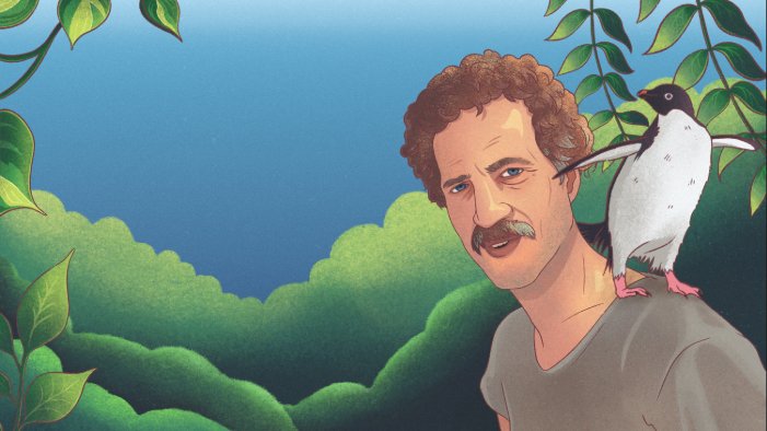 ARD Sounds Podcast-Cover: Werner Herzog &ndash; zu gro&szlig; f&uuml;r Deutschland. Zu sehen ist eine Illustration von Werner Herzog mit einem Pinguin auf der Schulter.