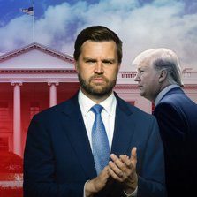 Zu sehen ist JD Vance, im Hintergunrd das wei&szlig;e Haus und Donald Trump.