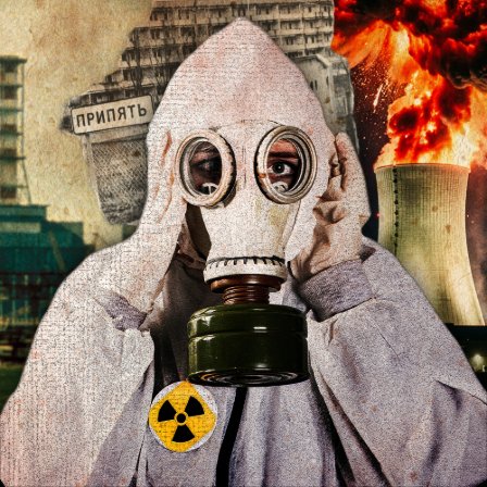 ARD Sounds Podcast-Cover: Gespr&auml;che mit Lebenden und mit Toten. Im Zentrum steht eine Person mit Gasmaske und wei&szlig;em Anzug. Im Hintergrund explodiert ein K&uuml;hlturm und es sind alte Fotos aus Tschernobyl zu sehen.