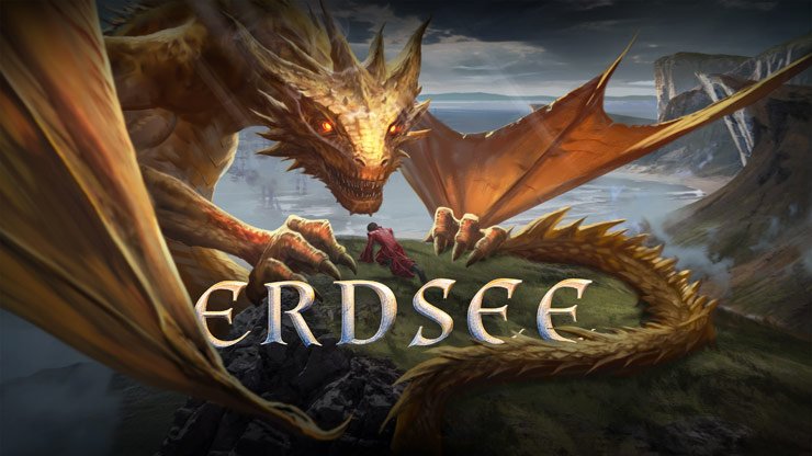 ARD Sounds Podcast-Cover: Erdsee Staffel 3 Zu sehen ist eine Fantasy-Landschaft ein gro&szlig;er Drache mit Krallen an einer Steilk&uuml;ste, darauf ein ersch&ouml;pft wirkender Mensch in R&uuml;ckenansicht