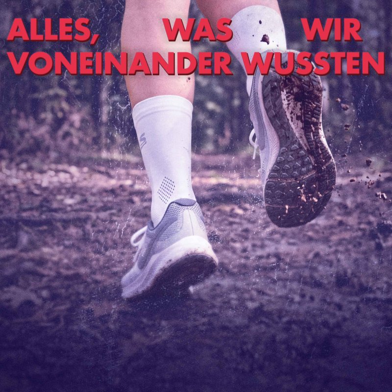 Eine junge Frau beim Joggen im Wald von hinten, man sieht nur die Füße und den Waldboden. Grau-weiße Laufschuhe und weiße Socken.