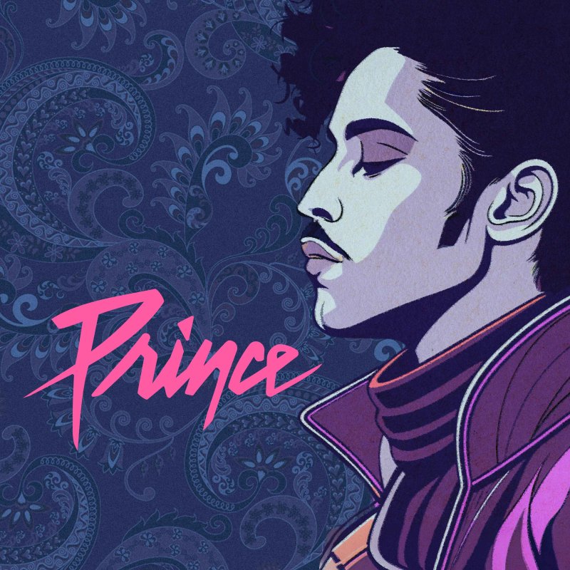 Illustratives Profilportrait eines Mannes der an den Musiker „Prince“ erinnert, vor blauem Paisleymuster, im Retro Style. Neben seinem Profil der Schriftzug »Prince«.