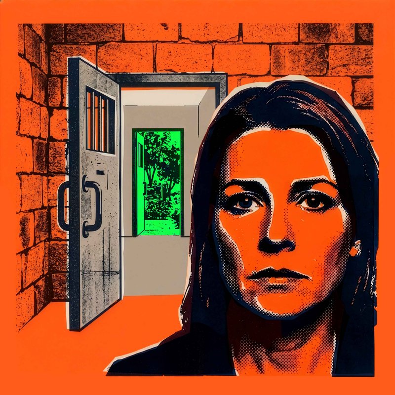 Der Kopf einer mittelalten Frau schaut den Betrachter ernst und fragend an. Hinter ihr ist eine offene Zellentür zu sehen, die in einen Flur führt. Am Ende des Flures ist eine offene Tür, die in einen grünen Garten führt.